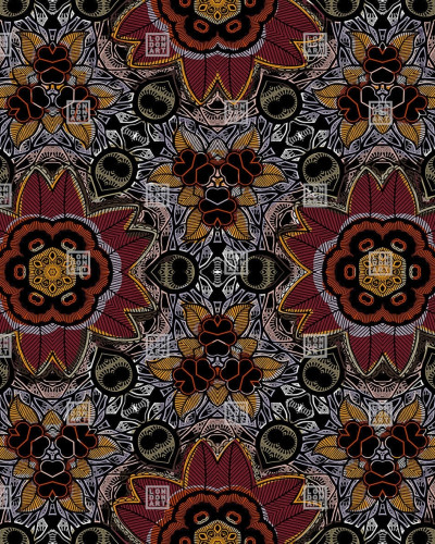 Tapet cu model floral rosu, inspirat din cultura africană