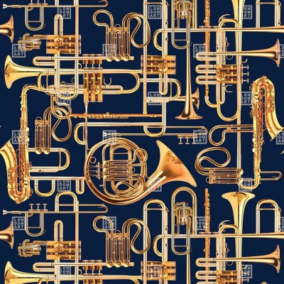Wallpaper cu instrumente muzicale aurii pe un fundal albastru inchis