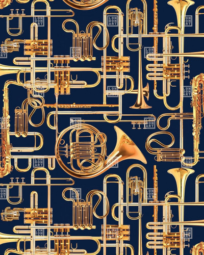 Wallpaper cu instrumente muzicale aurii pe un fundal albastru inchis