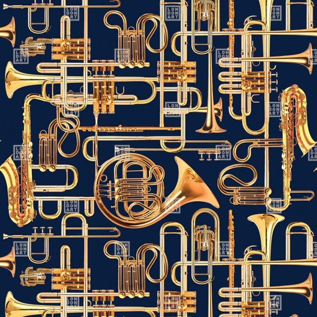 Wallpaper cu instrumente muzicale aurii pe un fundal albastru inchis