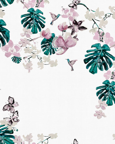Tapet cu flori delicate și frunze tropicale mari, decorate cu colibri, perfect pentru dormitor, sufragerie sau birou.