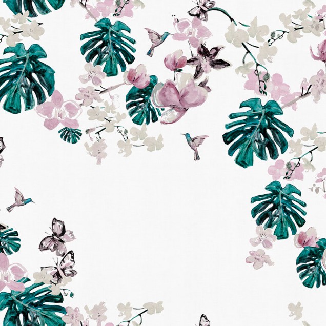Tapet cu flori delicate și frunze tropicale mari, decorate cu colibri, perfect pentru dormitor, sufragerie sau birou.