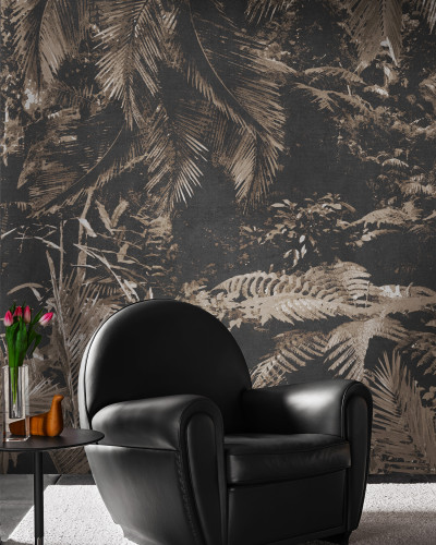 Wallpaper cu frunze tropicale in nuante de maro