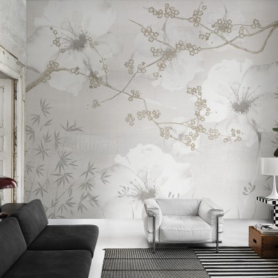 Tapet floral cu flori delicate si ramurele subtile, in nuante de gri si bej