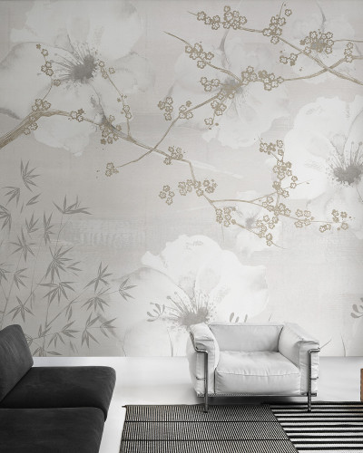 Tapet floral cu flori delicate si ramurele subtile, in nuante de gri si bej