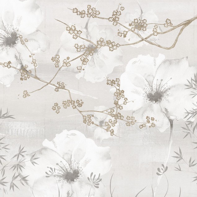 Tapet floral cu flori delicate si ramurele subtile, in nuante de gri si bej