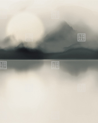 Tapet cu design minimalist cu o imagine a soarelui ce se reflectă în apa lacului