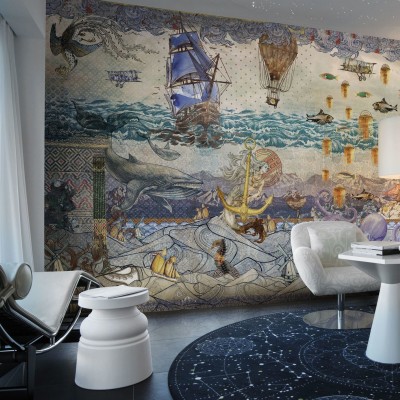 Tapet cu tematică marină, cu personaje fantastice, nave și baloane cu aer cald, perfect pentru decorarea camerei.