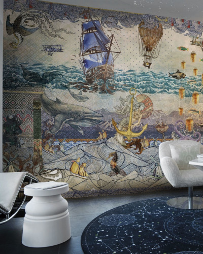 Tapet cu tematică marină, cu personaje fantastice, nave și baloane cu aer cald, perfect pentru decorarea camerei.