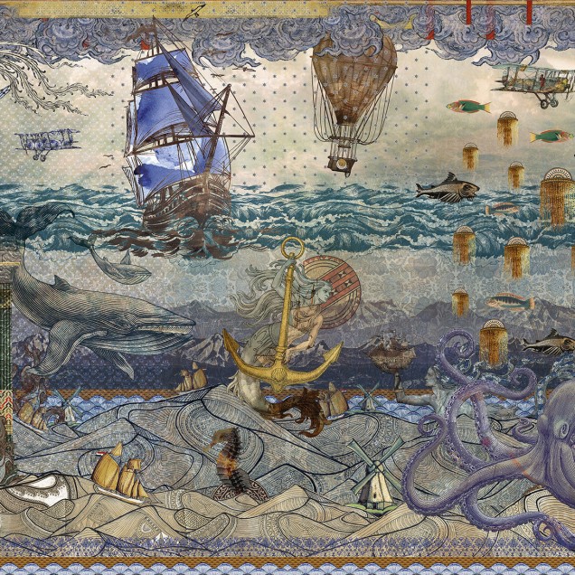 Tapet cu tematică marină, cu personaje fantastice, nave și baloane cu aer cald, perfect pentru decorarea camerei.