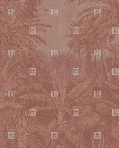 Tapet cu design tropical, cu palmieri și frunze tropicale în nuanțe de roșu.