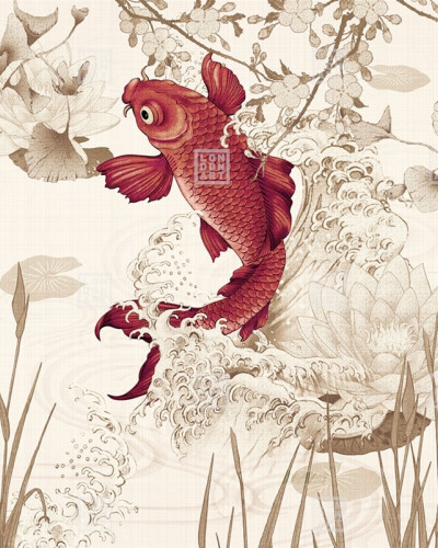 Wallpaper cu un design elegant cu un pește Koi roșu care sare din apă, printre flori de lotus și ramuri înflorite.