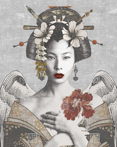 Tapet modern cu design unic, Geisha Re-Edition (gri),  reprezinta o geisha cu aripi de inger.