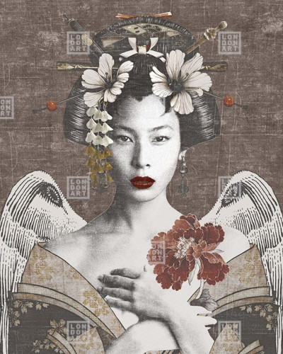 Tapet modern Geisha Re-Edition (maro) cu o geisha in costum japonez traditional si flori delicate