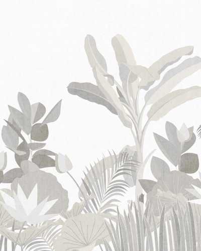 Tapet floral cu design modern, My Beautiful Garden Re-Edition (alb), cu frunze de palmier si alte plante tropicale in nuante de gri si alb.