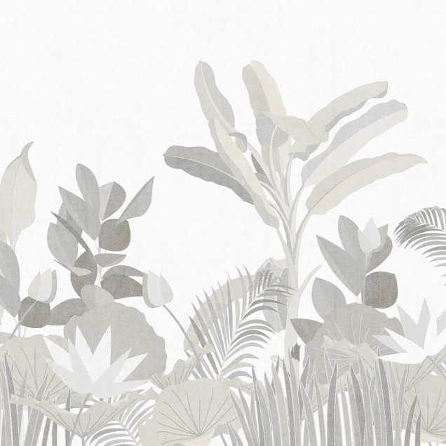 Tapet floral cu design modern, My Beautiful Garden Re-Edition (alb), cu frunze de palmier si alte plante tropicale in nuante de gri si alb.