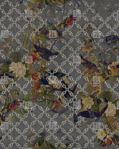 Tapet cu pasari colorate pe un fond gri cu un model subtil de lanturi create din metal