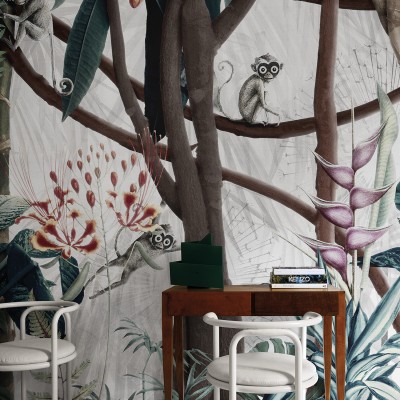 Tapet cu design exotic, cu maimuțe și flori tropicale