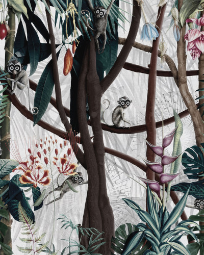 Tapet cu design exotic, cu maimuțe și flori tropicale