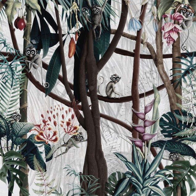 Tapet cu design exotic, cu maimuțe și flori tropicale
