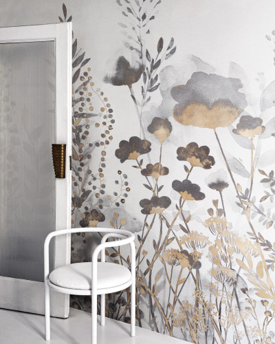 Wallpaper floral elegant cu nuanţă de gri şi auriu