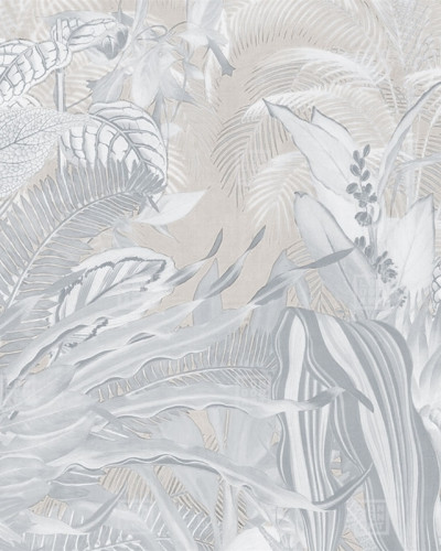 Wallpaper cu design minimalist, cu frunze gri delicate pe un fundal crem