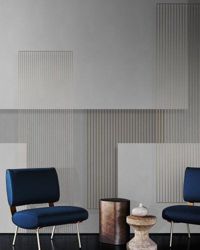 Wallpaper modern cu design geometric minimalist, cu linii aurii subțiri.
