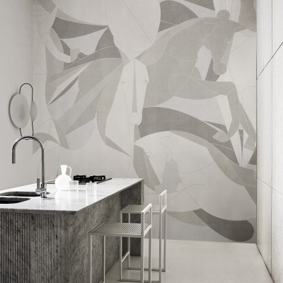 Wallpaper cu cai pictati in nuante neutre, pentru un decor elegant si minimalist.