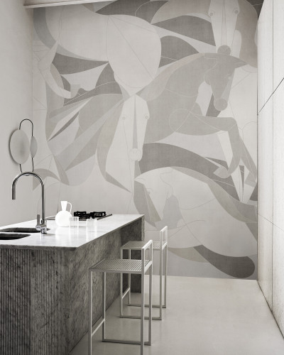 Wallpaper cu cai pictati in nuante neutre, pentru un decor elegant si minimalist.