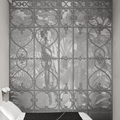 Tapet modern cu design clasic - Venus Garden Re-Edition (alb) - imagine cu un grilaj metalic cu detalii florale