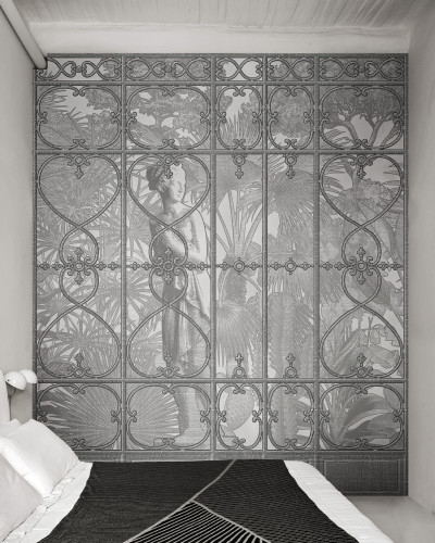 Tapet modern cu design clasic - Venus Garden Re-Edition (alb) - imagine cu un grilaj metalic cu detalii florale