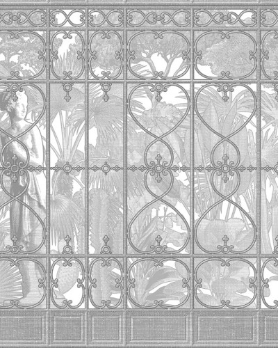 Tapet modern cu design clasic - Venus Garden Re-Edition (alb) - imagine cu un grilaj metalic cu detalii florale