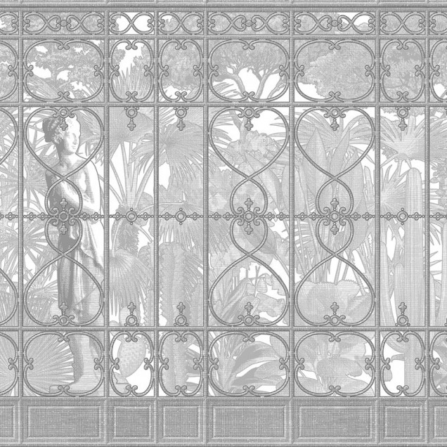 Tapet modern cu design clasic - Venus Garden Re-Edition (alb) - imagine cu un grilaj metalic cu detalii florale