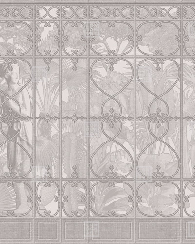 Tapet cu model elegant, Venus Garden Re-Edition (bej) prezintă o grădină tropicală printr-un grilaj metalic. Tapetă modernă și versatilă, ce se integrează perfect în diverse stiluri de design interior.