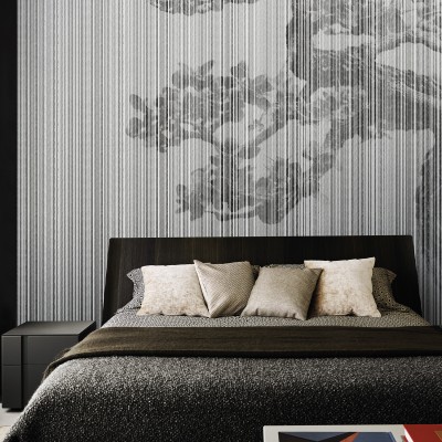 Wallpaper minimalist cu linii verticale și formă abstractă în gri, decorând un dormitor modern.