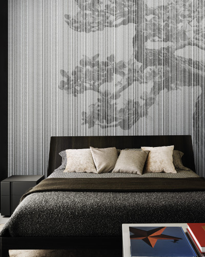 Wallpaper minimalist cu linii verticale și formă abstractă în gri, decorând un dormitor modern.