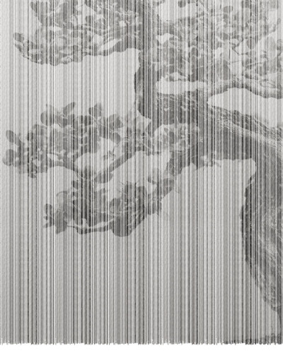 Wallpaper minimalist cu linii verticale și formă abstractă în gri, decorând un dormitor modern.