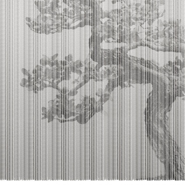Wallpaper minimalist cu linii verticale și formă abstractă în gri, decorând un dormitor modern.