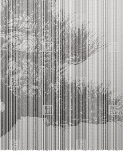 Tapet cu design abstract, cu imagine gri a unor copaci cu ramuri extinse, pe fundal alb