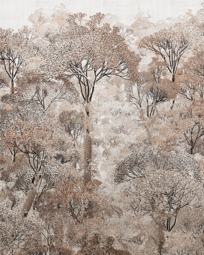 Imagine cu un wallpaper cu un design cu arbori și frunze delicate în nuanțe de bej.