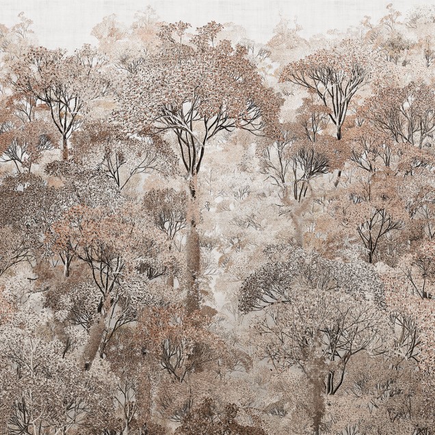 Imagine cu un wallpaper cu un design cu arbori și frunze delicate în nuanțe de bej.