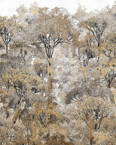 Tapet cu design de pădure, în nuanțe de maro, cu detalii fine și contururi delicate ale copacilor.