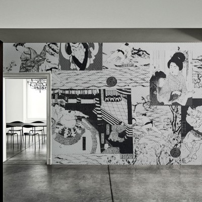 Wallpaper cu design modern,  cu un model in tonuri de gri si negru, cu diverse elemente  si o textura fina