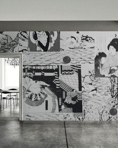 Wallpaper cu design modern,  cu un model in tonuri de gri si negru, cu diverse elemente  si o textura fina