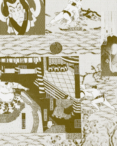 Tapet cu design japonez, reprezentând imagini din lumea sumo-ului, în nuanțe de maro.