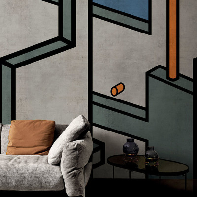 Wallpaper cu motive geometrice moderne, cu forme tridimensionale, linii negre și culori vii, cu un design abstract care creează o atmosferă unică și contemporană