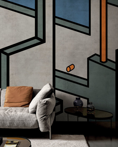Wallpaper cu motive geometrice moderne, cu forme tridimensionale, linii negre și culori vii, cu un design abstract care creează o atmosferă unică și contemporană