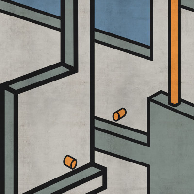Wallpaper cu motive geometrice moderne, cu forme tridimensionale, linii negre și culori vii, cu un design abstract care creează o atmosferă unică și contemporană