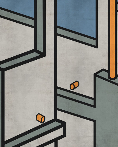 Wallpaper cu motive geometrice moderne, cu forme tridimensionale, linii negre și culori vii, cu un design abstract care creează o atmosferă unică și contemporană