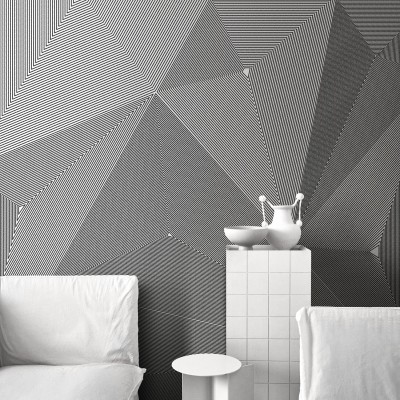 Tapet geometric modern, cu triunghiuri intersectate in linii fine, cu un efect optic tridimensional.